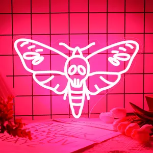 Death Moth Neon Sign USB Pink Light Plastic Wall Hanging 11.1x16.9Inch for Room Aesthetic Decor Halloween Home Art 5V Cord Controlled Unique Lighting Macabre Charm - Decoration Items