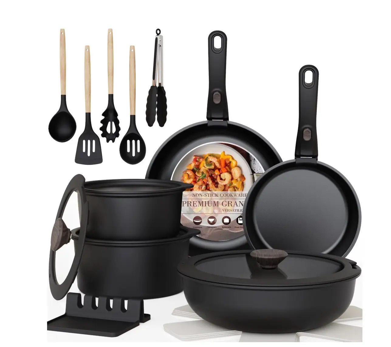 20-Piece Pots and Pans Set, Nonstick Cookware Set with Detachable Handles, Oven & Dishwasher Safe, Induction Compatible, Stackable RV Kitchen Cooking Set, Black