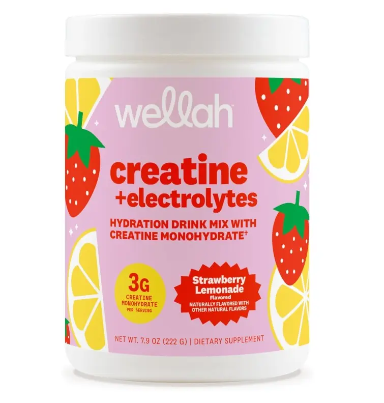 Wellah Creatine + Electrolytes Powder (Strawberry Lemonade) 30 Servings - Hydration Drink Mix with 3g of Creatine Monohydrate
