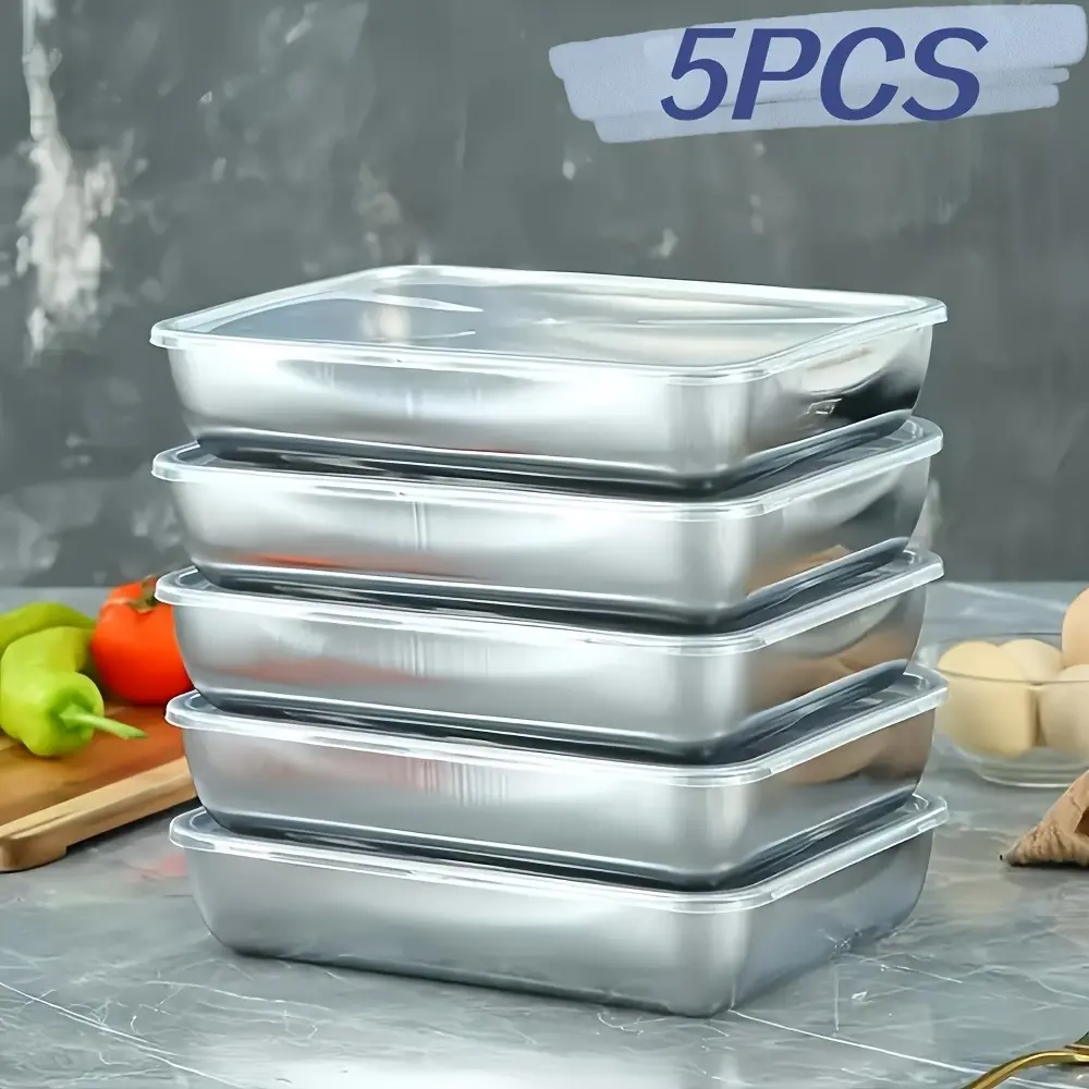 5pcs Stainless Steel Food Storage Containers | Stackable Airtight Square Meal Prep Set, Microwave & Freezer Safe, Ideal For Salad, Fruit & More