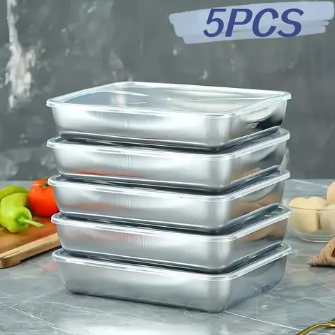 5pcs 304 Stainless Steel Square Airtight Reusable Food Containers - Metal Canister Food Storage, Modern Stackable Kitchen Preserving Gadgets, Microwave-Resistant & Freezer Safe, Meal Prep Organizer for Fridge Organization