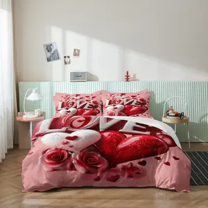 3pcs Valentine'S Day 3D Love couple Hearts Theme Print Duvet Cover Set(1 Duvet Cover and 2 Pillowcases，No Comforter）Romantic Pattern Bedding Set, Perfect for Home and Dorm Decor, Soft and Machine Washable Festival Gift