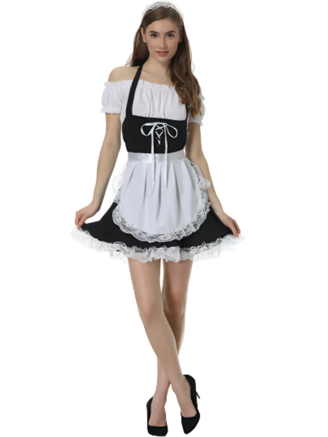 Lady's Anime Cosplay Off-Shoulder French Apron Maid Fancy Dress Clothes - Black Lace Outfit, Plus Size Halloween Costume, Unique Accessories