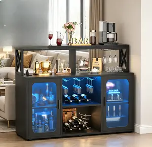 Aheaplus Bar Cabinet with Power Outlets, Liquor Cabinet with Led Lights and Glass Holder, Storage Buffet Cabinet Coffee Bar Cabinet for Liquor, Wine Cabinet with Racks