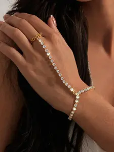 Stainless Steel Rhinestone Finger Ring Bracelet for Women, Sparkly Glass Crystal Tennis Hand Harness Chain, Y2K Aesthetic Slave Bracelet Jewelry