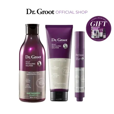 Dr. Groot Scalp Revitalizing Solution Thickening Essentials Trio, Biotin Moisturizing Color-Safe Thickening Shampoo, Conditioner, and Roll-On Serum