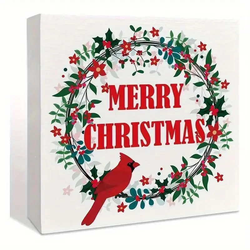 Merry Christmas Sign, 1 Count Bird & Wreath Design Desktop Decoration, Bookshelf Ornament for Home Office for Holiday Party Christmas
