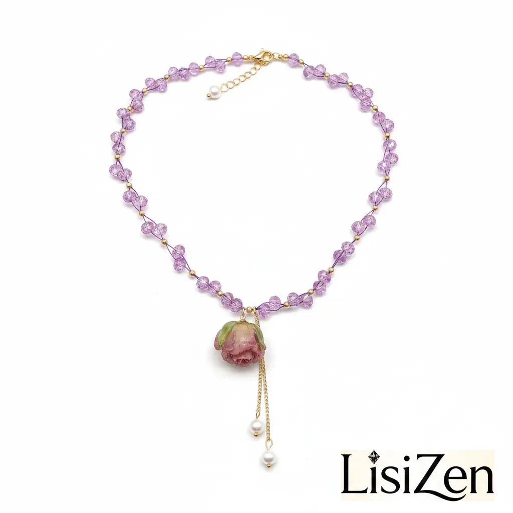 Purple Resin Rose Beaded Choker, Dainty Coquette Flower Necklace for Women, Lightweight Casual Jewelry, Flowers