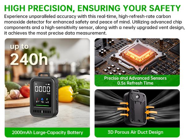 4-in-1 Portable Carbon Monoxide Detector, Audible & Visual Alerts, Magnetic Lanyard, LED Light, 220H Standby, Black