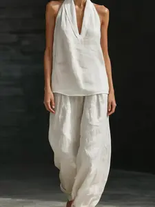 Boho Two Piece Outfit for Women – Halter Neck Sleeveless Top & Wide Leg Pants Set, Lightweight Flowy Summer Matching Set, Perfect for Beach, Vacation, Brunch & Casual Daily Wear