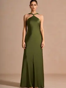 Azazie Martina Halter Back Strap Floor-Length Wedding Guest Evening Satin Dress
