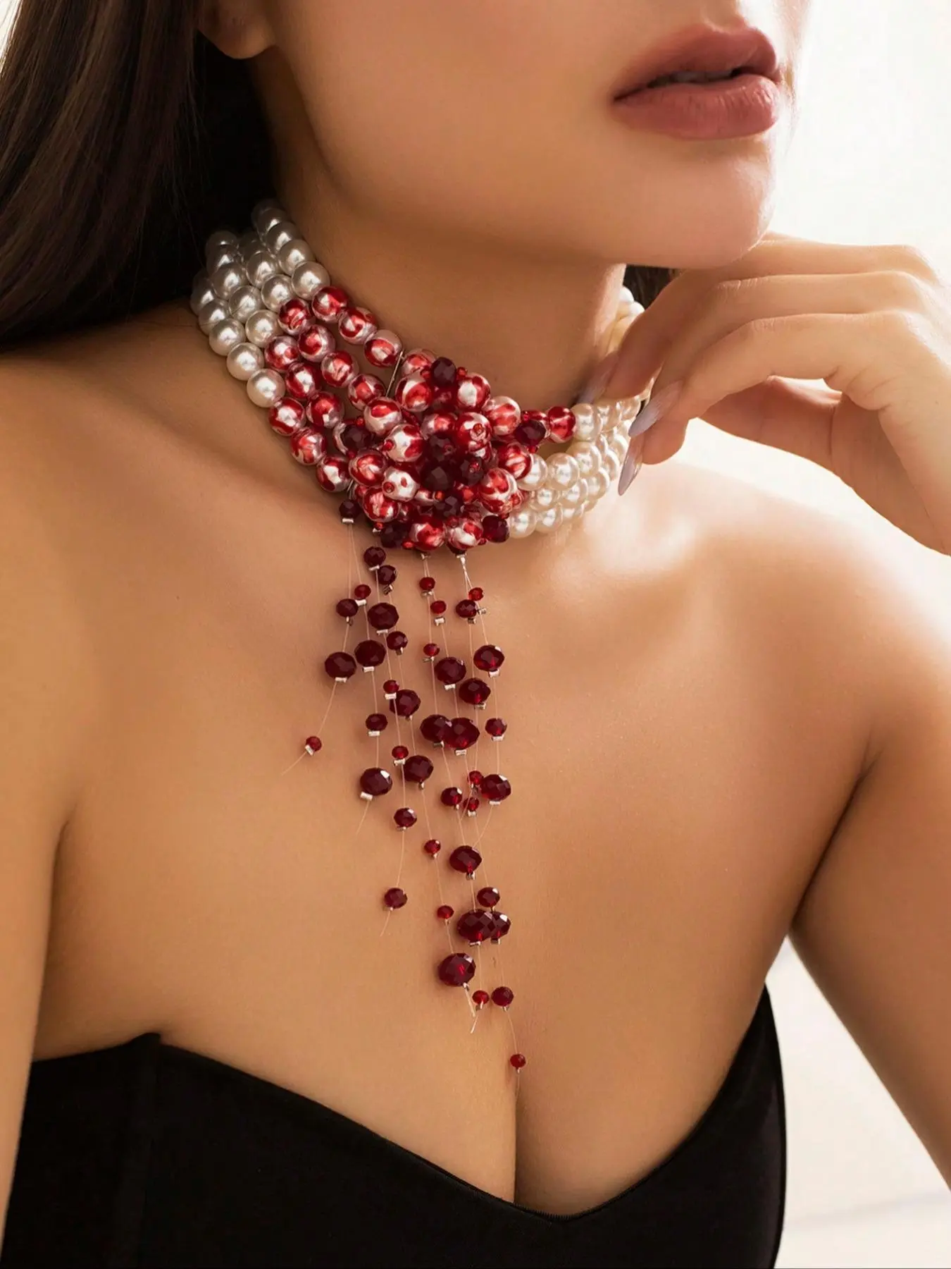 Vintage Punk Gothic Style Irregular Crystal Blood Drop Tassel Necklace, Personalized Fashion Pearl Beaded Layered Necklace for Women, Statement Necklace