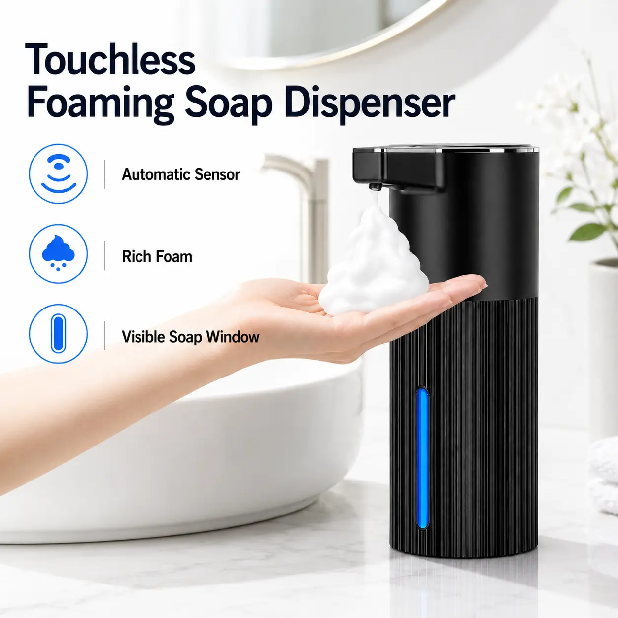 400ml ABS Touchless Foaming Soap Dispenser with Refill Bottle, Automatic Sensor, Visible Window, Sticky Hook & Table Mount - Modern Look for Bathroom, Kitchen Cleaning & Casual Home Use