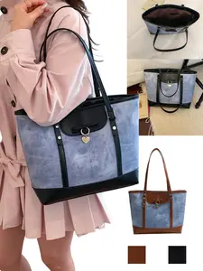Vintage Denim Patchwork Tote Bag, Soft Leather Colorblock Design, Large Capacity, Handheld Shoulder Backpack, Casual Daily Use