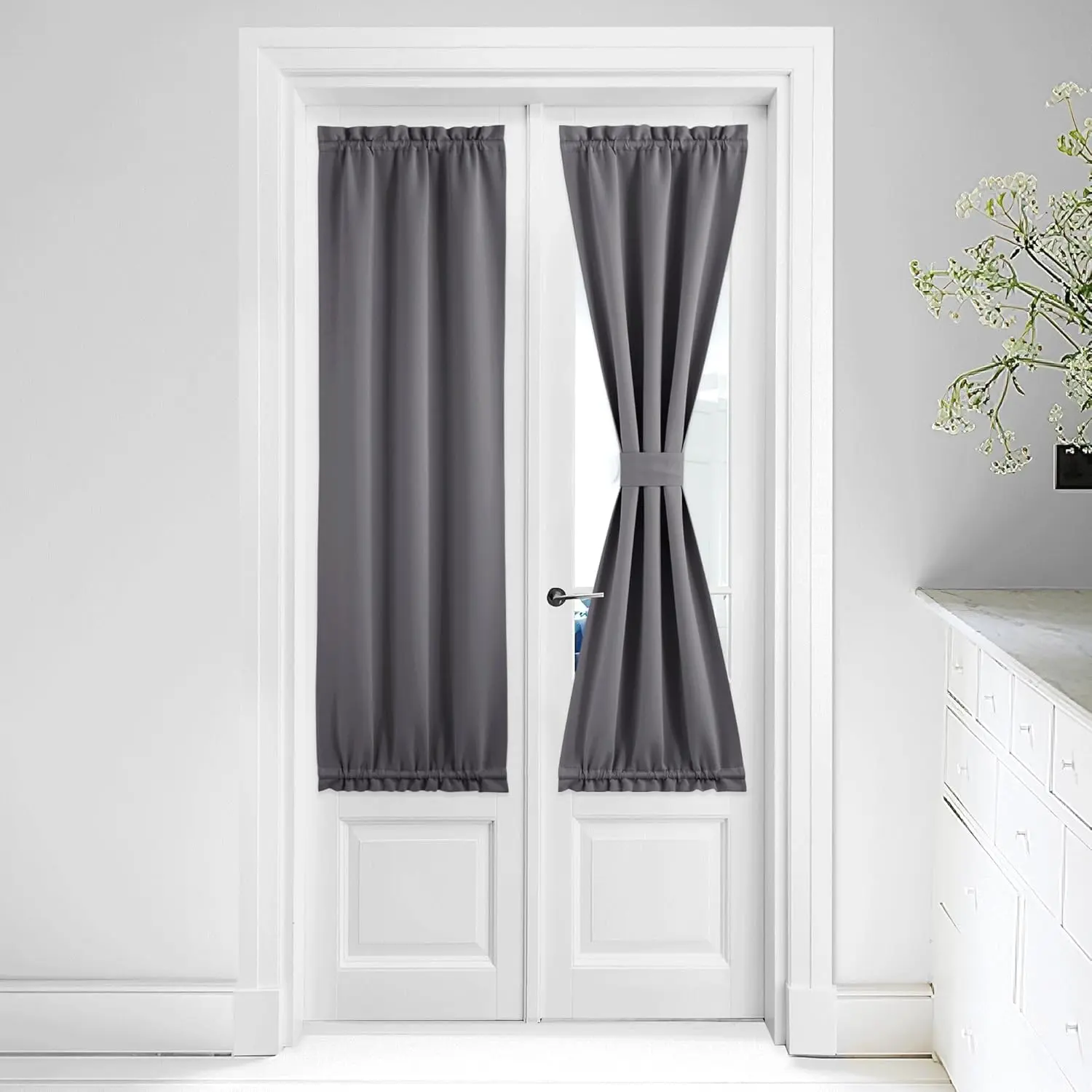 NICETOWN 1-Panel Blackout Door Curtain - Home Decorative Privacy Thermal Insulated French Door Curtain with Tie Back, 25x64 In, Grey (Classroom Shade Use), Home Decorative Curtain, Blackout Curtains