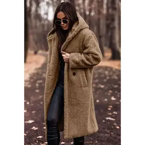Women’s Autumn–Winter plush teddy coat made of faux fleece—warm, elegant, casual, stylish, hooded long jacket with long sleeves, fitted cut, suitable for all seasons