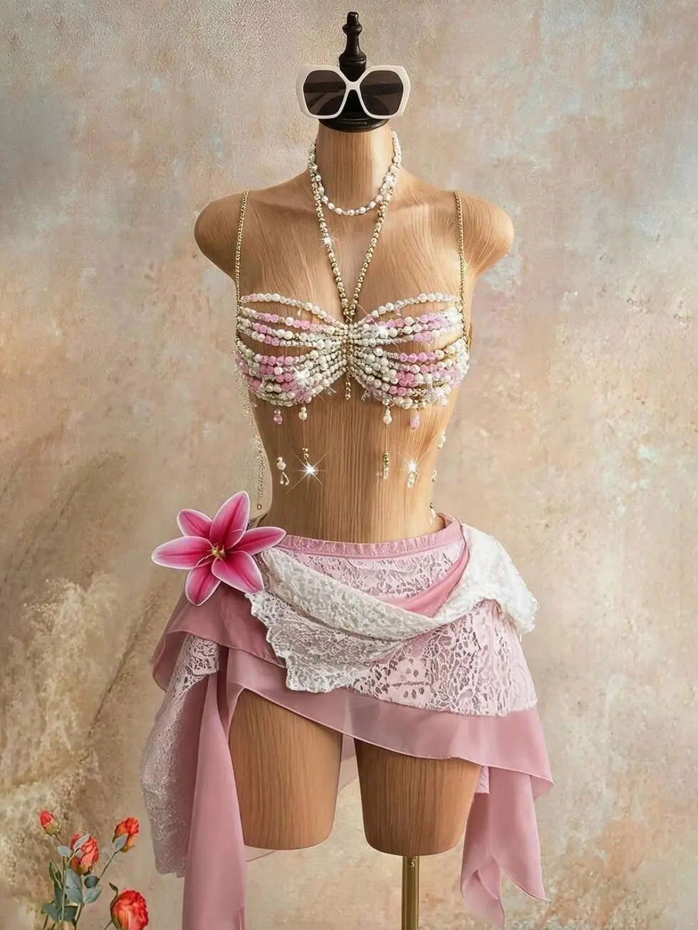 Beaded Pearl Halter Crop Top and Lace Skirt Set, Elegant Festival Dance Costume, Summer Resort Beachwear