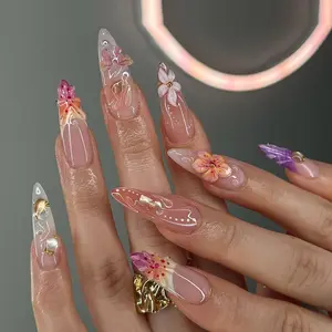 24pcs Long Almond Nail Shape Press-On Nails, Nail Extensions, Floral Embellishments Shell Gel Strips with Beads, Reusable French Style Diy Nail Art Set for Women