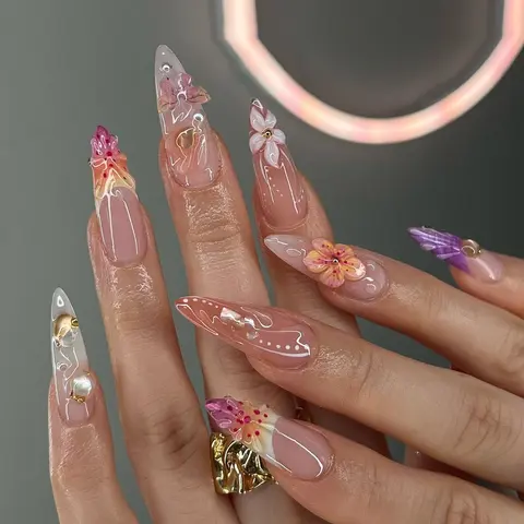 24pcs Long Almond Nail Shape Press-On Nails, Fake Nails, Nail Extensions, Floral Embellishments Shell Gel Strips with Beads, Reusable French Style Diy Nail Art Set for Women