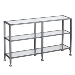360 stand 49 in. Rectangular Glass Indoor Furniture Table, Distressed Metal Frame Floor Console Table with Storage Shelf and Silver Finish, Modern Accent Table