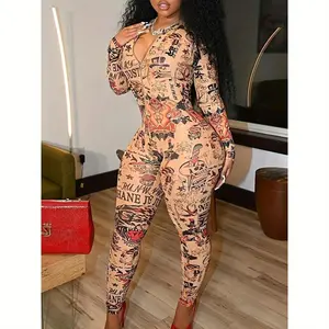 Fashionable and sexy printed zip-up V-neck bodycon jumpsuit