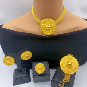 Ethiopian 24k Gold Color Charm Necklace Earrings Set For Lady Africa Big Pendant Choker Jewelry Wedding Party Accessories