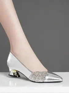 Elegant Silver Color Pointed Toe Rhinestone Shoes, Fashion Classy Stylish Chunky Heel High Heels for Parties, Evening Dresses, Dating, All Seasons, Elegant Heeled Shoes
