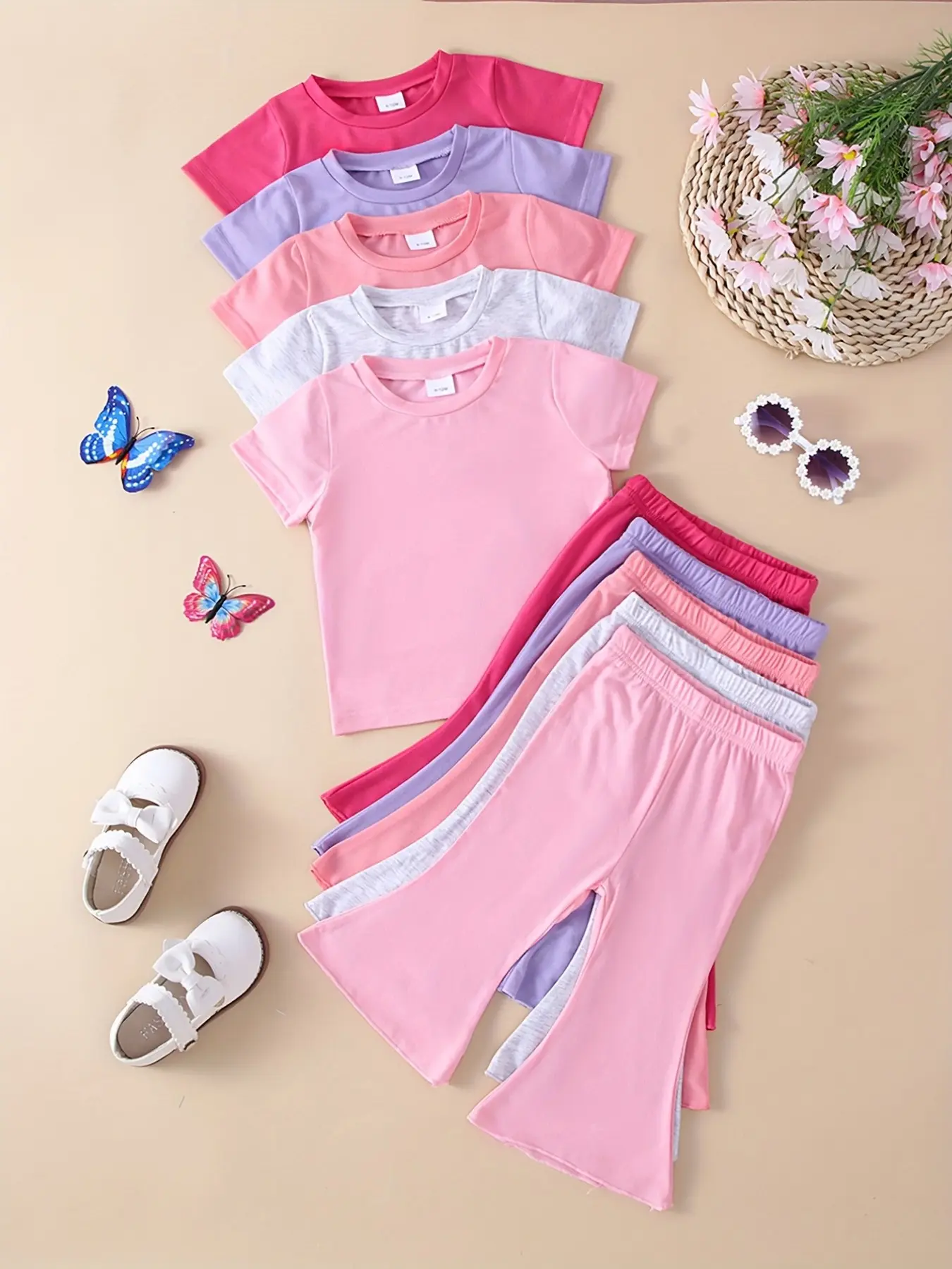 Baby Toddler Soft Comfortable Knit Fabric Solid Color Underwear Short Sleeve Top Bell Bottom Pants Set, Gift Sets, 10 Piece Pack, Outfits, Baby Clothing