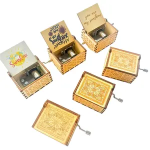 Vintage Wooden Hand-Crank Music Box Plays You Are My Sunshine, Perfect Gift for Wife Husband Friend Family, Ideal for Birthday Valentine's Day Anniversary