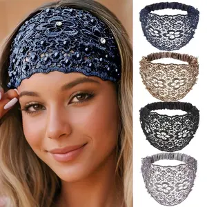 4 Counts Hollow Out Flower Design Hair Band, Rhinestone & Beads Decor Lace Wide Band Hairband Heatless Hair Styling Tool for Women & Girls