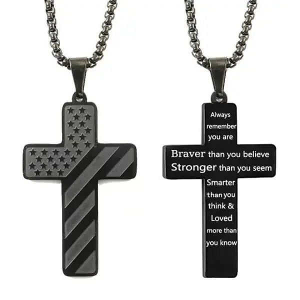 Men's American Flag Cross Necklace, Men's Cross Necklace, Stainless Steel Pendant Chain with Bible Verse, Baptism & First Communion Pendant Chain Gifts