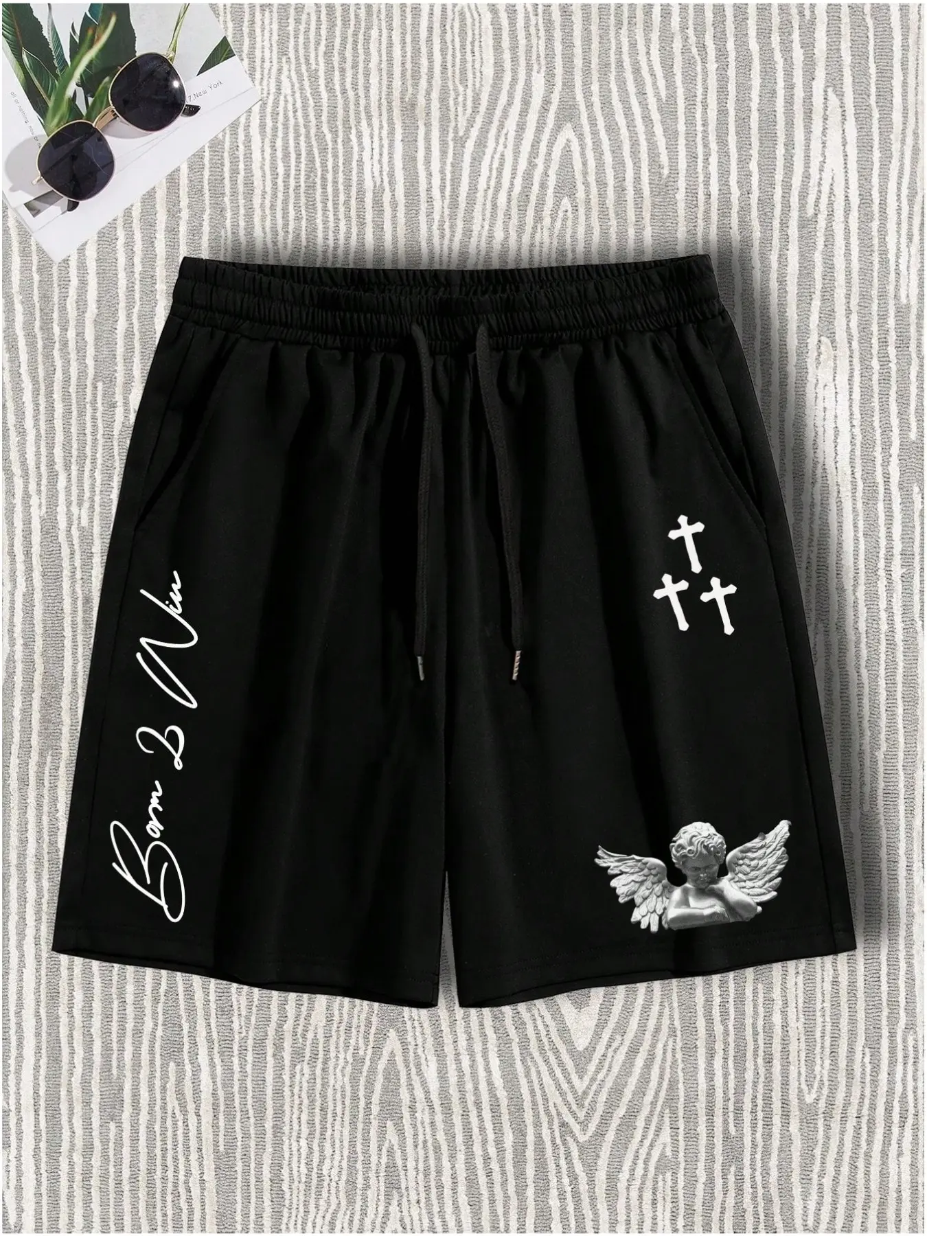 Born 2 Win Graphic Black Shorts for Men, Breathable Casual Sports Shorts with Pockets, Aesthetic Angel Cherub Hip Hop Skater Shorts for Summer Beach & Gym, Breathable Printed Shorts