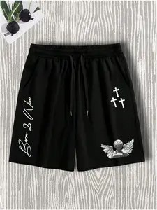 Born 2 Win Graphic Black Shorts for Men, Breathable Casual Sports Shorts with Pockets, Aesthetic Angel Cherub Hip Hop Skater Shorts for Summer Beach & Gym, Breathable Printed Shorts