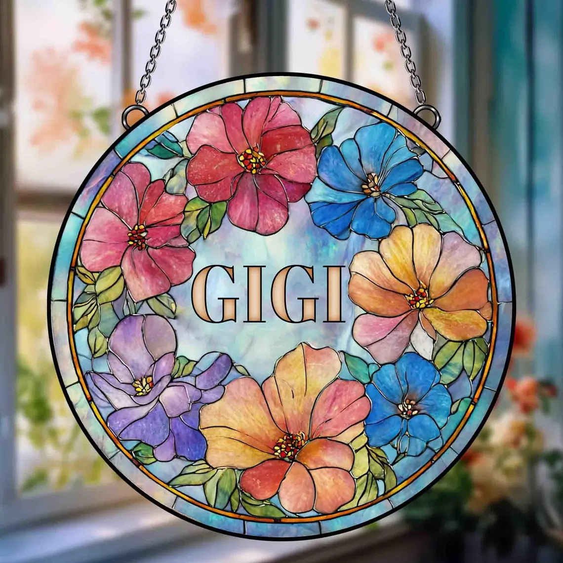 Personalized 6-in Round Colorful Reflective Light-Catching Floral Glass Suncatcher - Metal Decorative Multi-Size Window Garden Wall Decor with Trees, Mother's Day Gift for Grandma