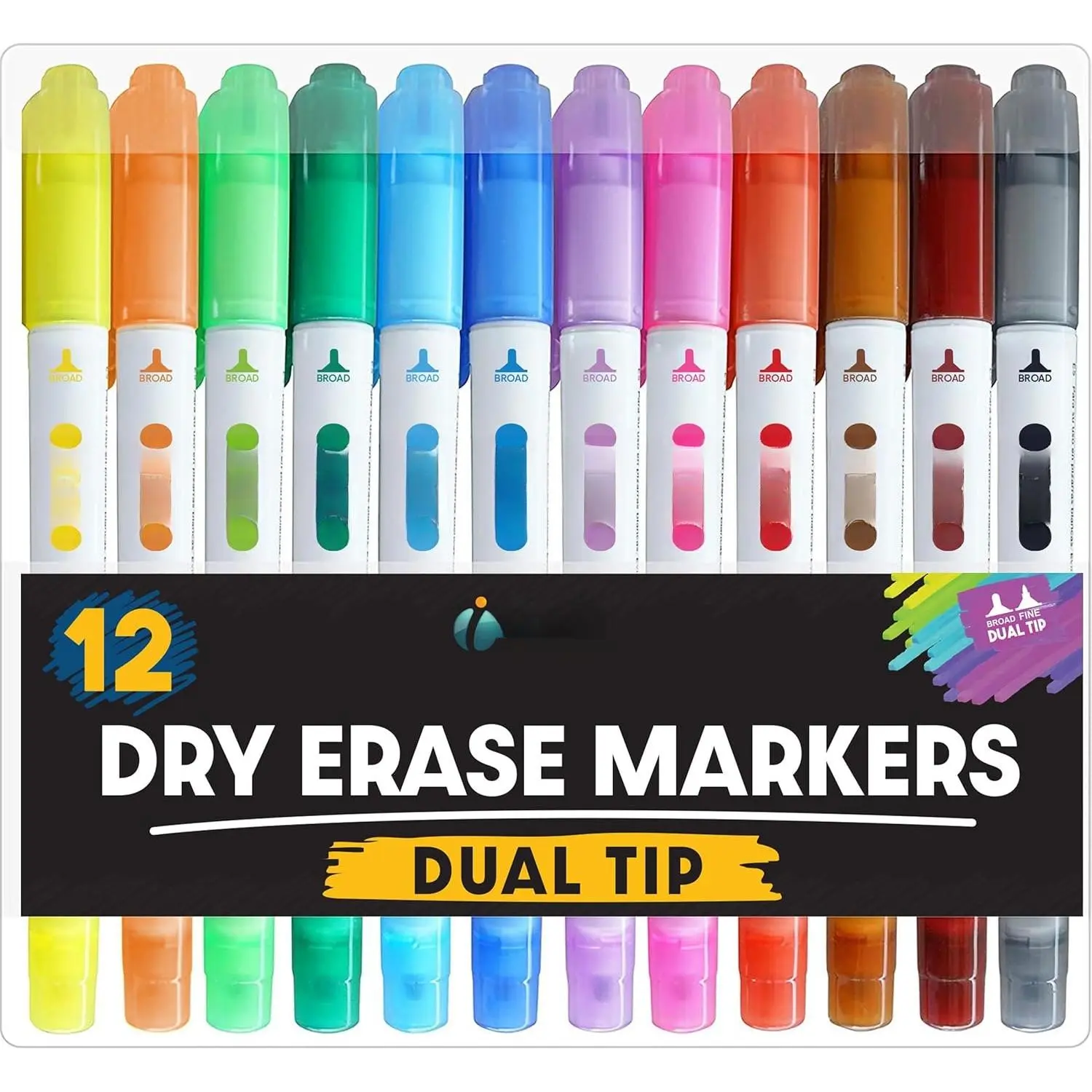 Dry Erase Markers for Whiteboard - Ultra Fine Tip White Board Markers - Dual Tip, Pastel Colors - Fine Point Erasable Markers - 12 Set