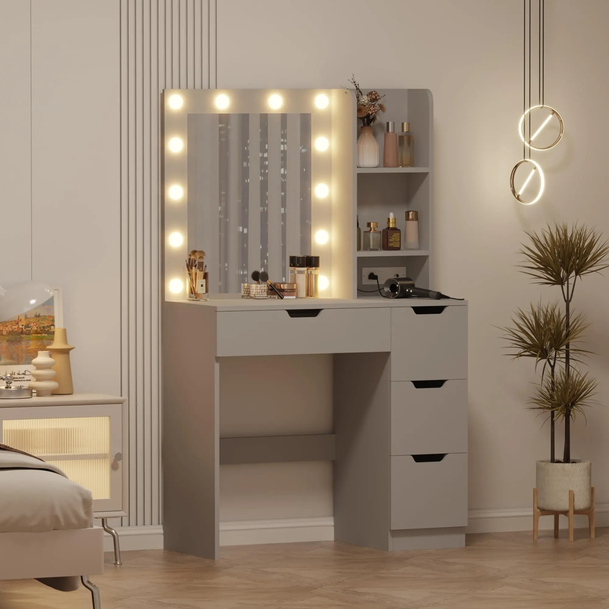 Gaomon Modern Grey LED Lighted Freestanding Makeup Vanity for Bedroom - Adjustable Illuminated Mirror, 4 Deep Drawers, Integrated Plug Sockets & USB Charging Ports, Assembly Required for Daily Beauty Use