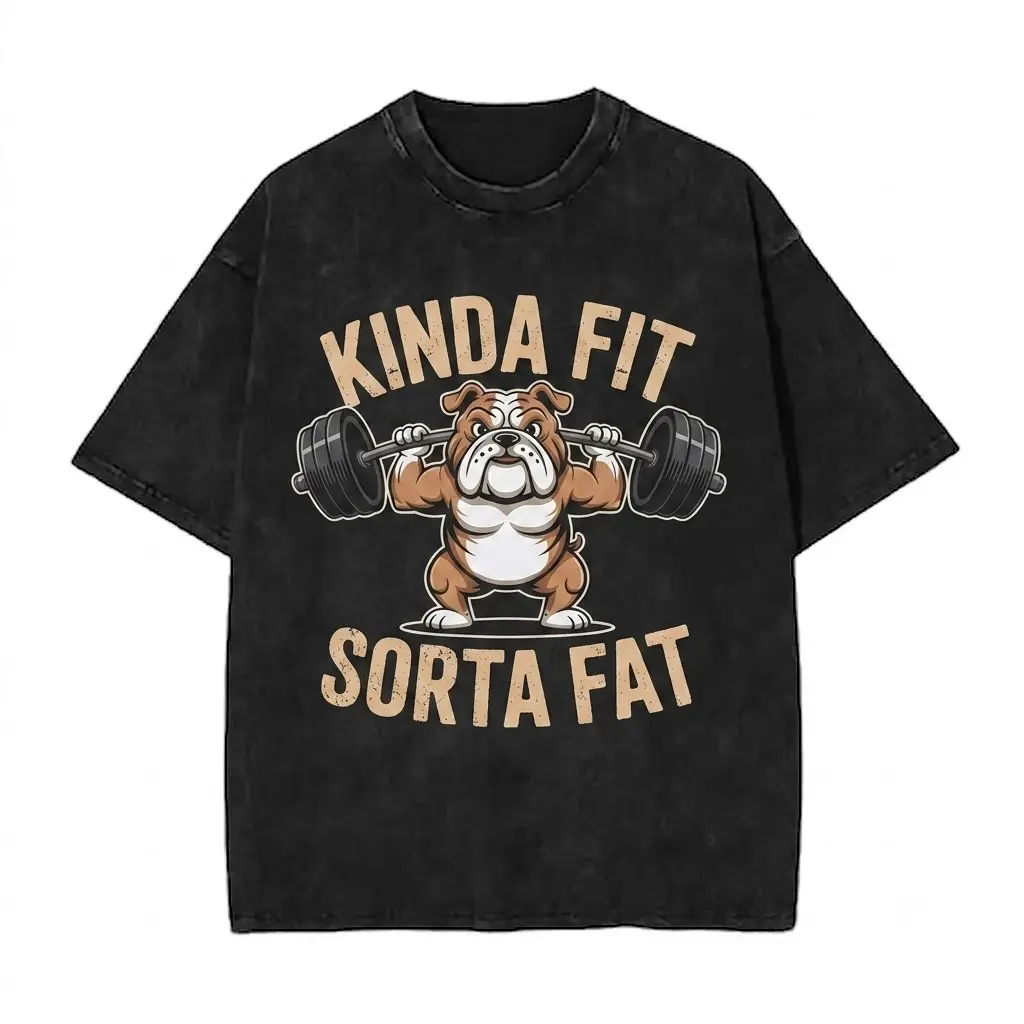 Vintage Acid Wash "Kinda Fit Sorta Fat" Graphic Tee Oversized Funny Gym T-Shirt Bulldog Lifting Pump Cover Workout Apparel