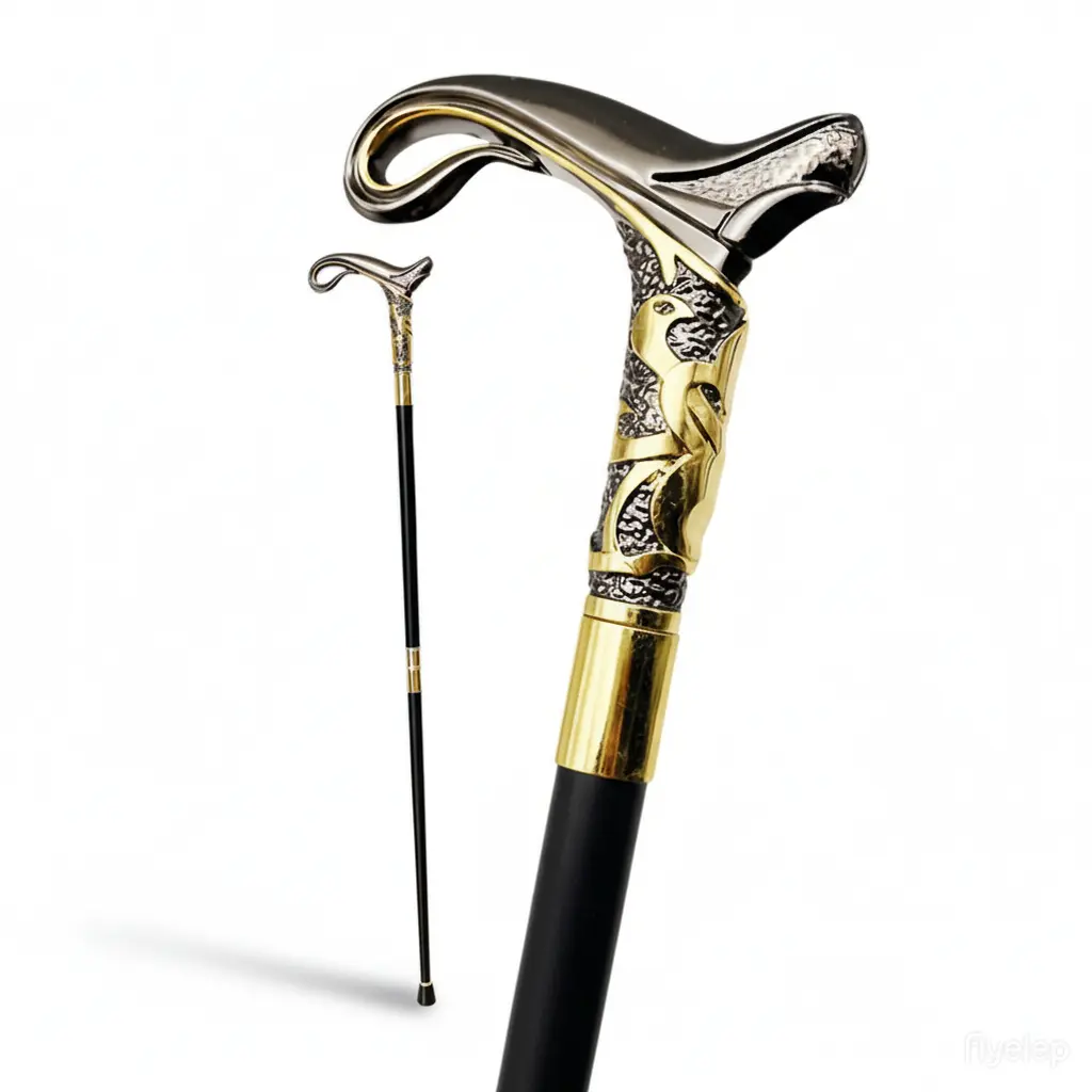 Trekking Pole Black and Golden Lightweight 2-Section Locking Mechanism Fine Golden Accents Outdoor Adventures Mobility Aid Compact Collapsible Camping Hiking
