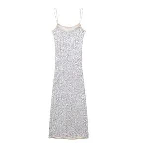 Beaded Sequin Bodycon Dress – Sleeveless Silver Midi