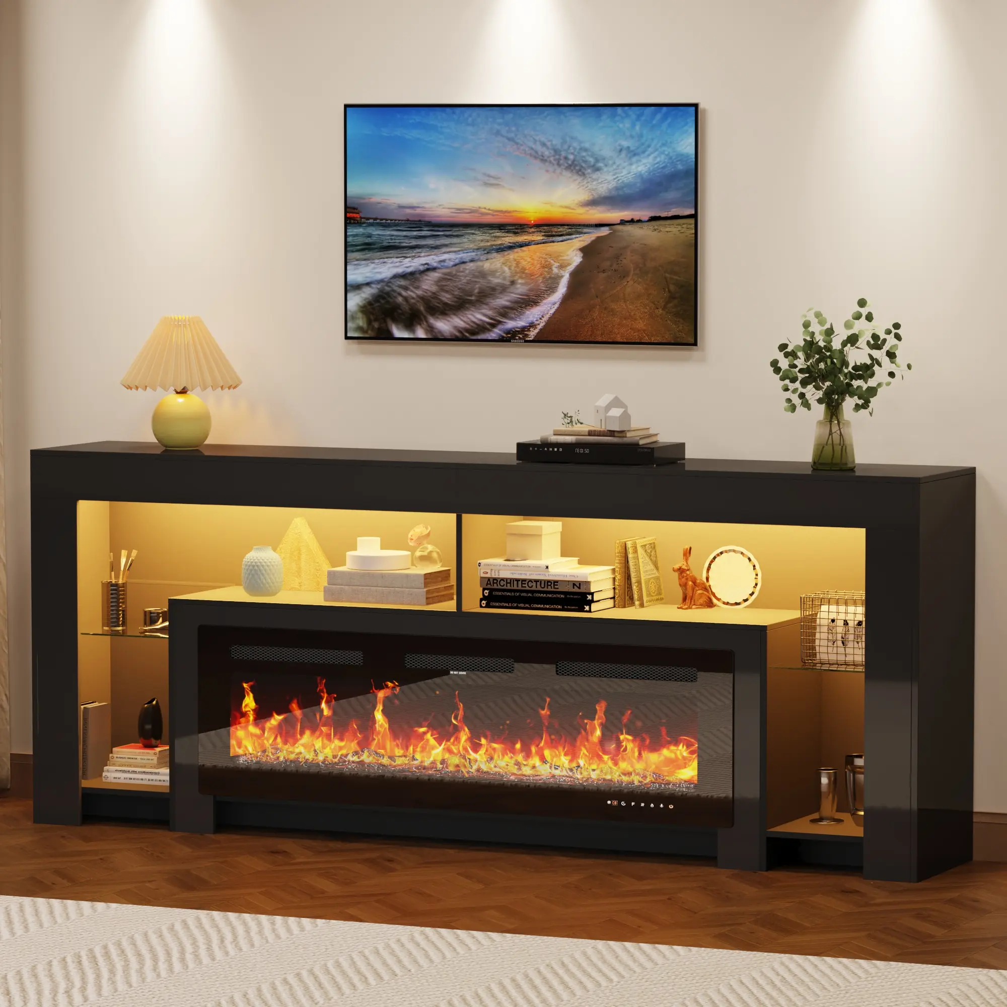 82" Sturdy Modern High Gloss Wood TV Stand - 50" Fireplace, LED Lighting, Electronic Flame - Home Room House Decor Living Room Furniture, Quick Setup Entertainment Center