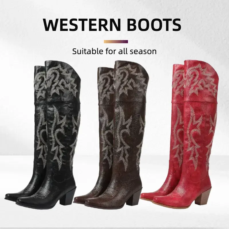 Women's Red Embroidered Cuban Over-The-Knee Western Boots - Comfortable PU Leather Cowgirl Booties, All-Season Stylish Walking Footwear, Cowgirl Boot, Western Booties