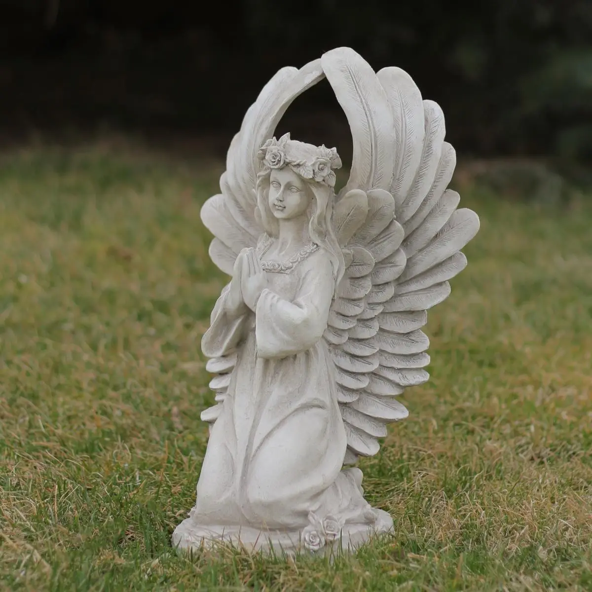 212 MAIN Classical Polyresin Kneeling Angel Statue (15.25h x 8w x 9d in, 4.15 lbs, Speckled Gray) - Angel Wings Statues, Decorative Sculpture, Floral Crown, Prayer Pose, Highly Skilled Artisans Crafted, Indoor-Outdoor Home Garden Figurine Guardian, 15.25H