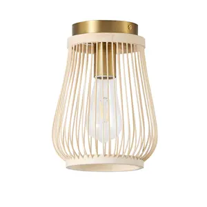 1-Light Beige Bamboo Weaving Openwork Design Flush Mount Lighting