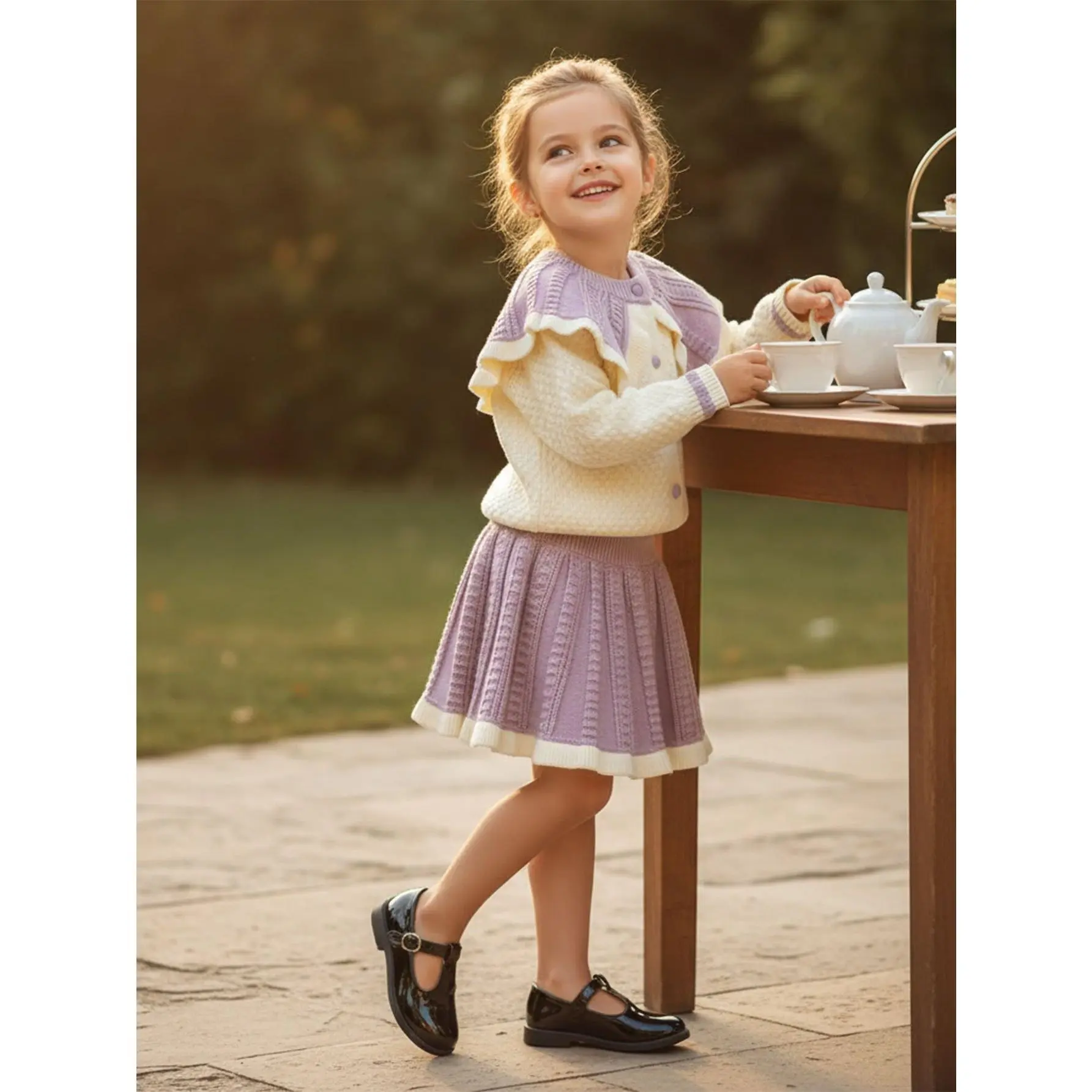 New Style Girls' Creamy Yellow & Light Purple Paneled Knitted Outfit Set: Wide-Collar Cardigan + Pleated Skirt, Sweet and Cute Kids' Two-Piece Set for Spring & Autumn