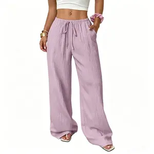 Women's Solid-Color Textured Wide-Leg Pants - Tie Waist, Slanted Pockets, Casual Versatile Long Trousers for Summer Beach Vacations