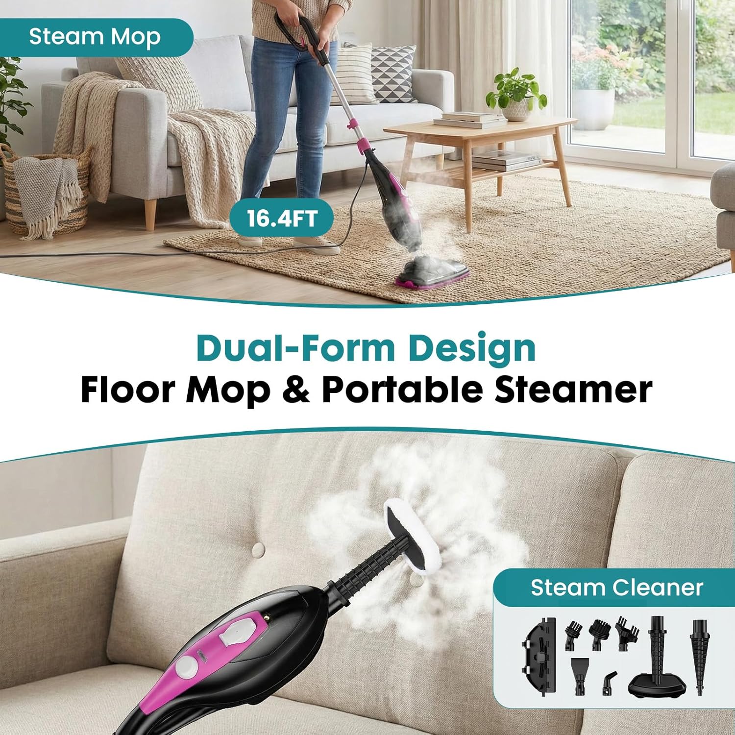 1550W Steam Mop & Handheld Cleaner 10-in-1, Multi-Surface Floor Steamer for Hardwood Tile Carpet, Detachable for Windows Grout, 16FT Cord & Pads Included