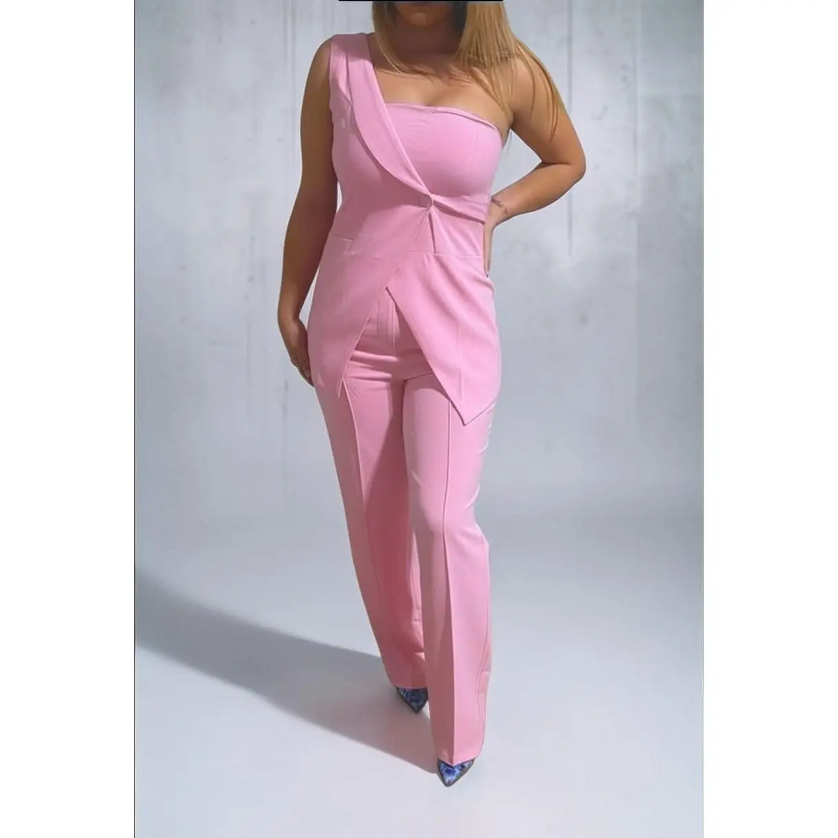 Blush Pink Two Piece Set for Women | One Shoulder Top & Wide Leg Pants Outfit