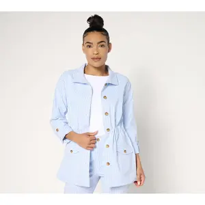 Joan Rivers Stretch Striped Seersucker Button-Front Safari Jacket