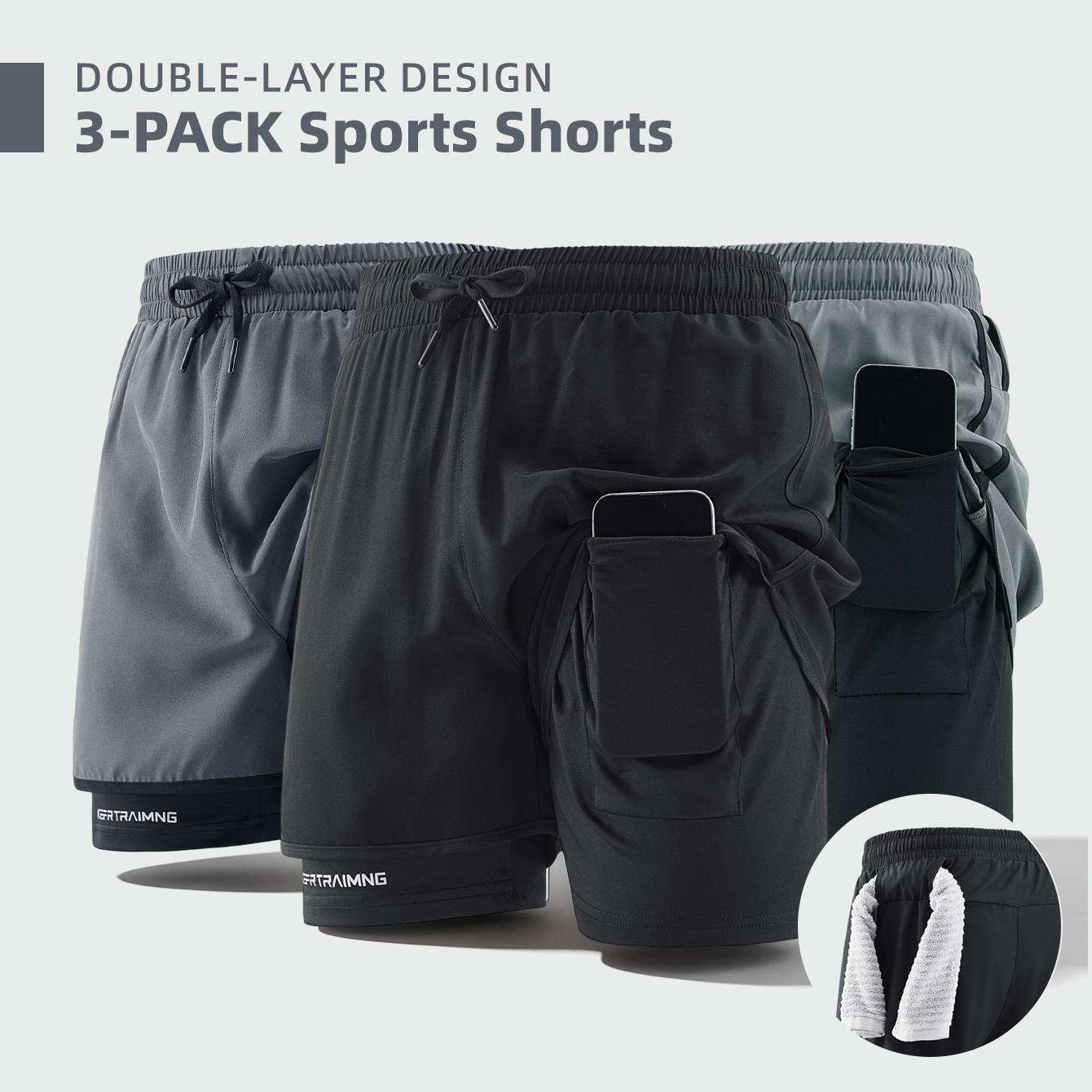 Men’s 3-pack double-layer faux two-piece running shorts with phone pocket and towel loop; quick-drying, breathable, anti-exposure design; lightweight and comfortable; versatile for running, fitness, basketball training, everyday commuting. Men’s 3-pack double-layer faux two-piece running shorts with phone pocket and towel loop; quick-drying, breathable, anti-exposure design; lightweight and comfortable; versatile for running, fitness, basketball training, everyday commuting.