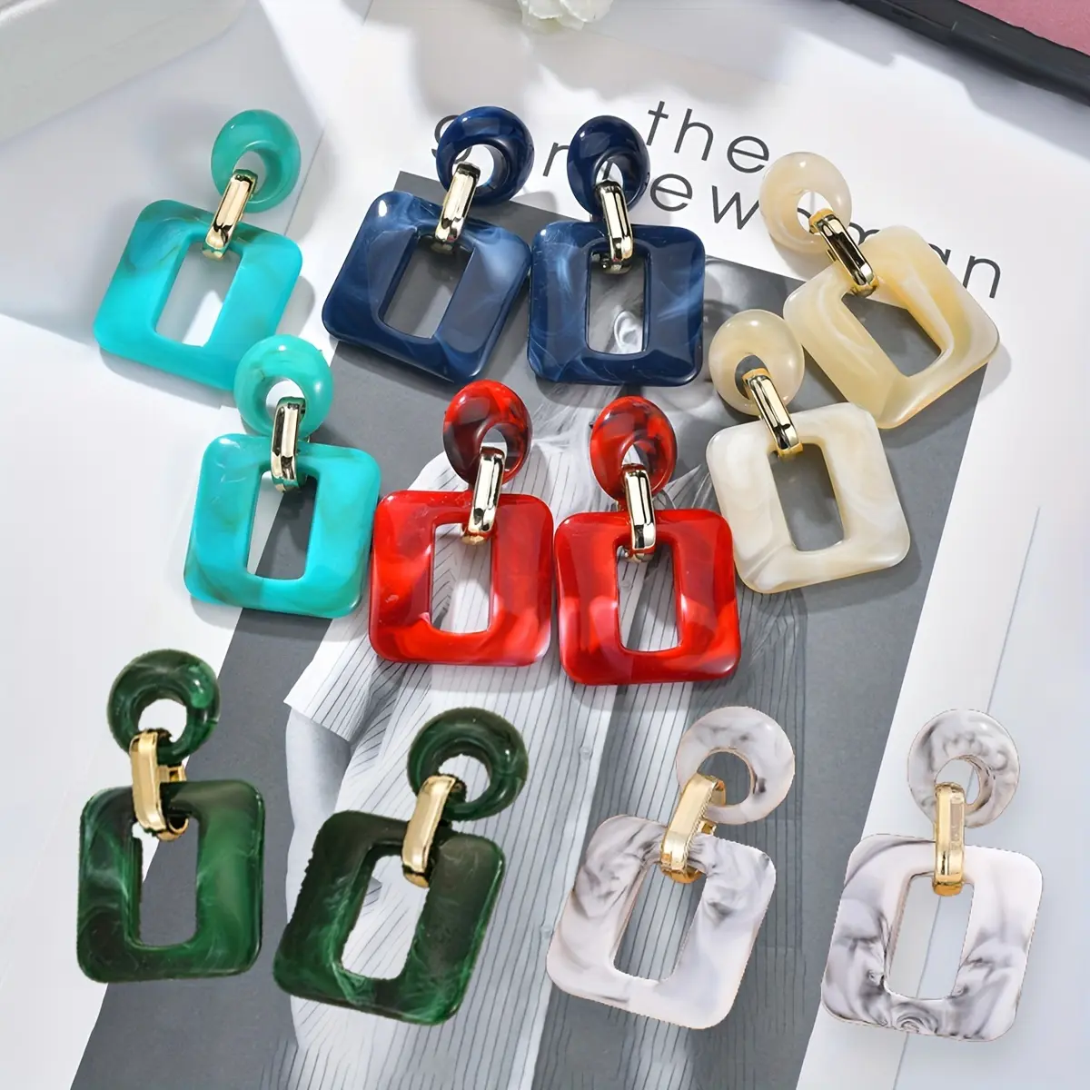 Women's 6-Piece Set Dainty Earrings Stack - Hypoallergenic Minimalist Geometric Acrylic Resin Drop Earrings Bundle, 12 Brightly Colored Fashion Studs, Female Costume Jewelry for Daily & Formal Occasions, 6-Piece Set Earrings